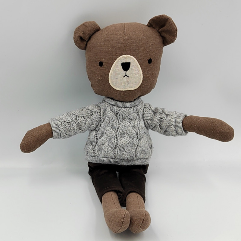 Doudou ours marron pull gris laine VERTBAUDET