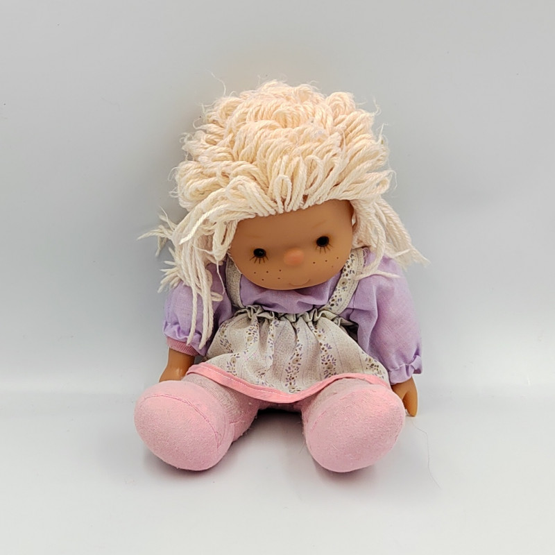 Ancienne Poupée cheveux en laine robe mauve rose fleurs année 80 Vintage