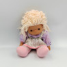 Ancienne Poupée cheveux en laine robe mauve rose fleurs année 80 Vintage