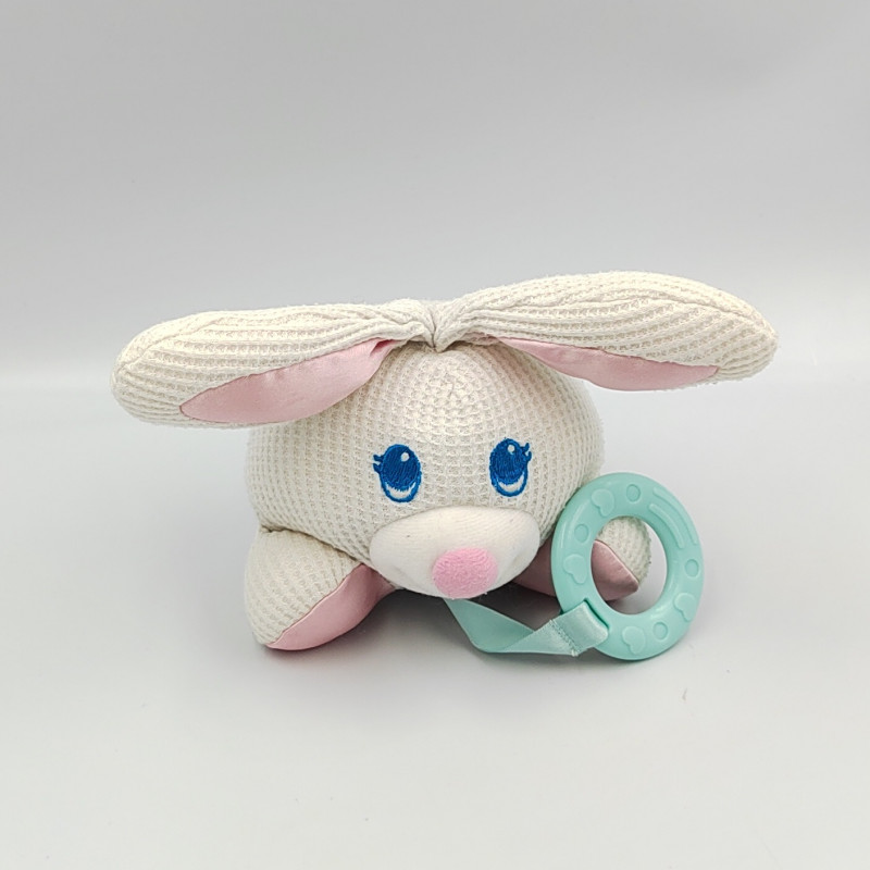 Ancien doudou lapin blanc rose satin anneau FISHER PRICE