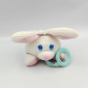 Ancien doudou lapin blanc rose satin anneau FISHER PRICE