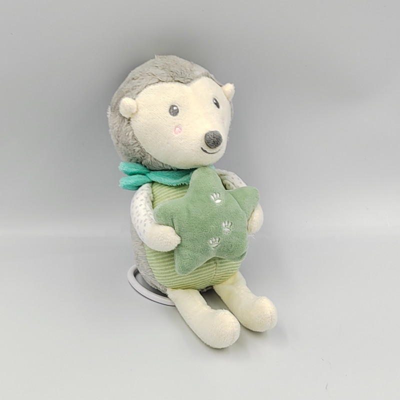 Doudou musical hérisson blanc gris vert rayé étoile MOTS D'ENFANTS