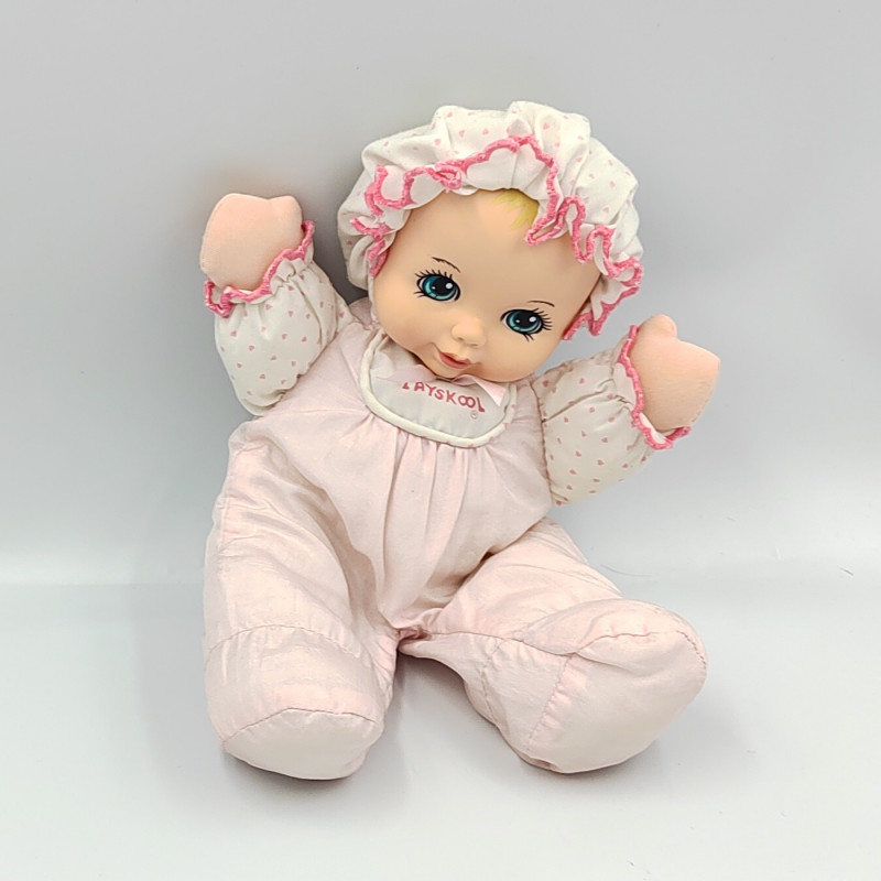 Ancien doudou poupée chiffon rose blanc coeurs PLAYSKOOL