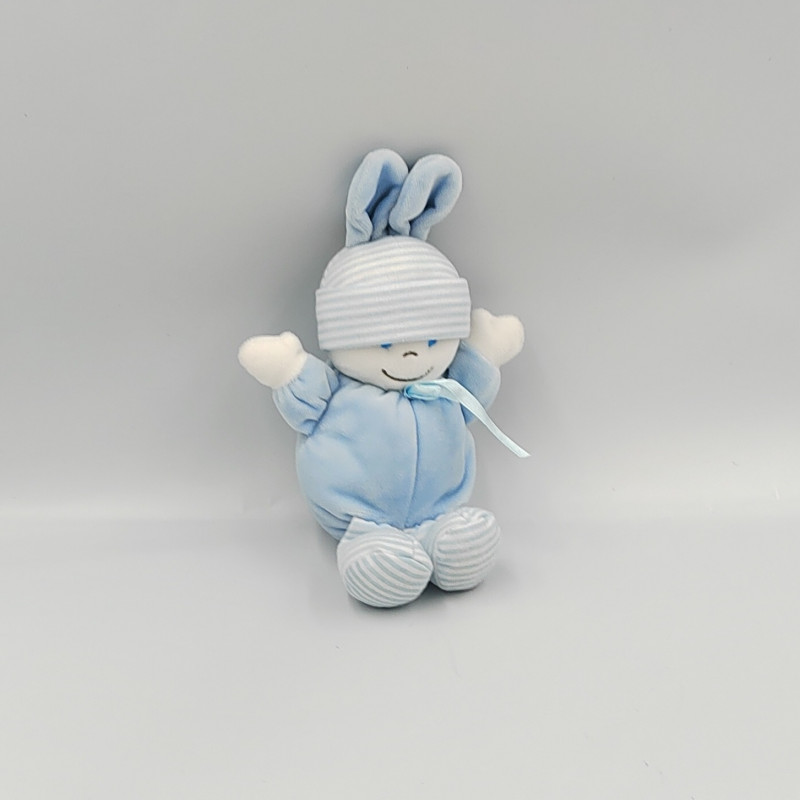 Doudou poupée lutin lapin bleu blanc rayé GIPSY