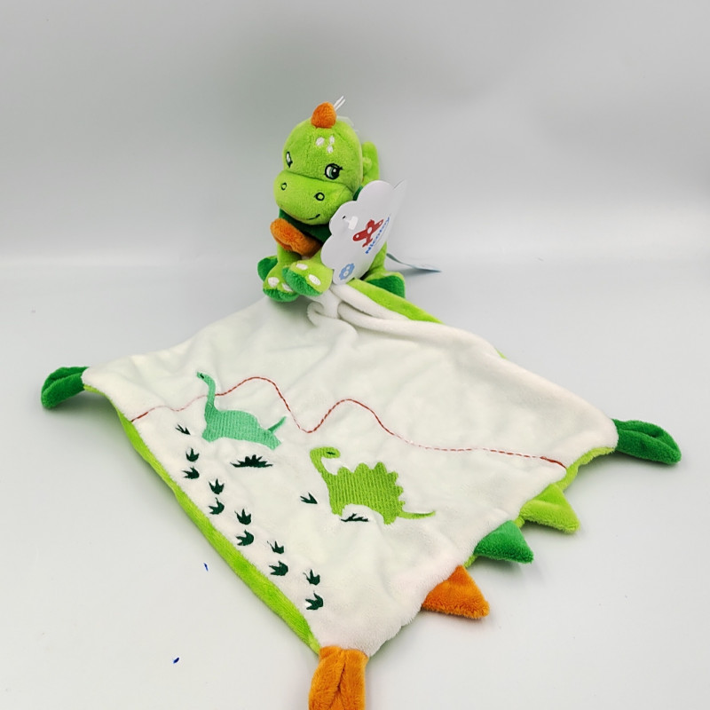 Doudou plat dinosaure vert blanc orange mouchoir NICOTOY