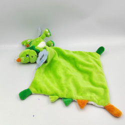 Doudou plat dinosaure vert blanc orange mouchoir NICOTOY