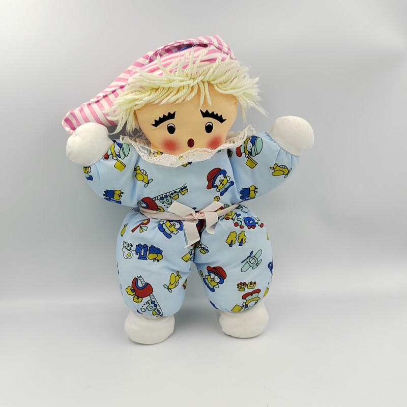 Doudou poupée 2 visages éveillé / endormi bleu bonnet rose rayé
