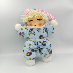 Doudou poupée 2 visages éveillé / endormi bleu bonnet rose rayé