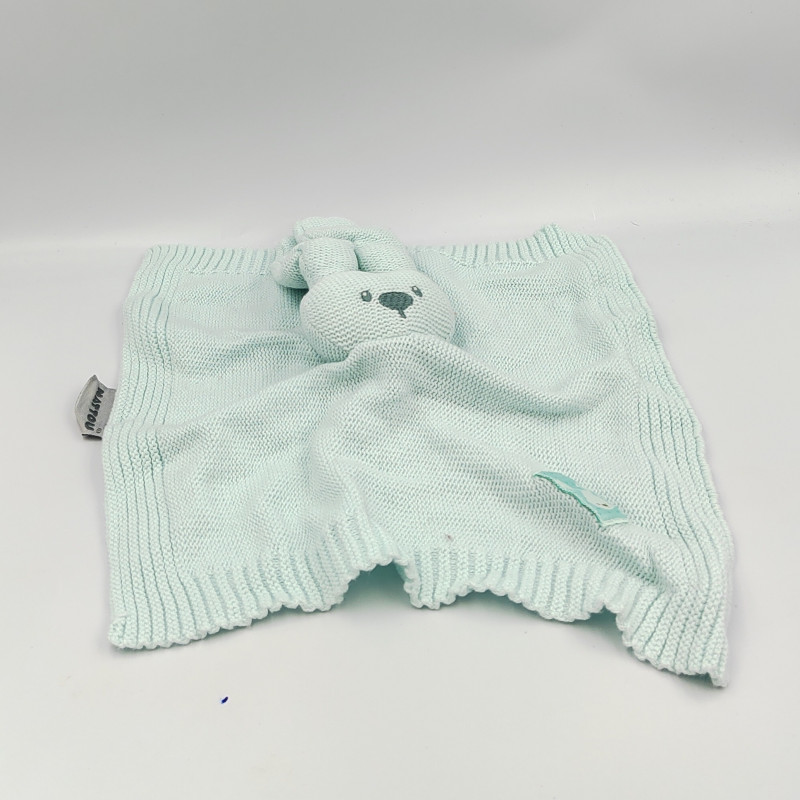 Doudou plat carré lapin bleu Lapidou laine NATTOU