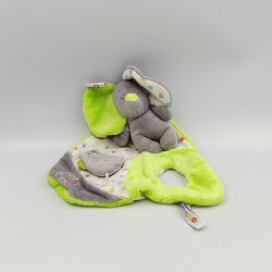 Doudou plat éléphant gris vert blanc fleurs NOUNOURS