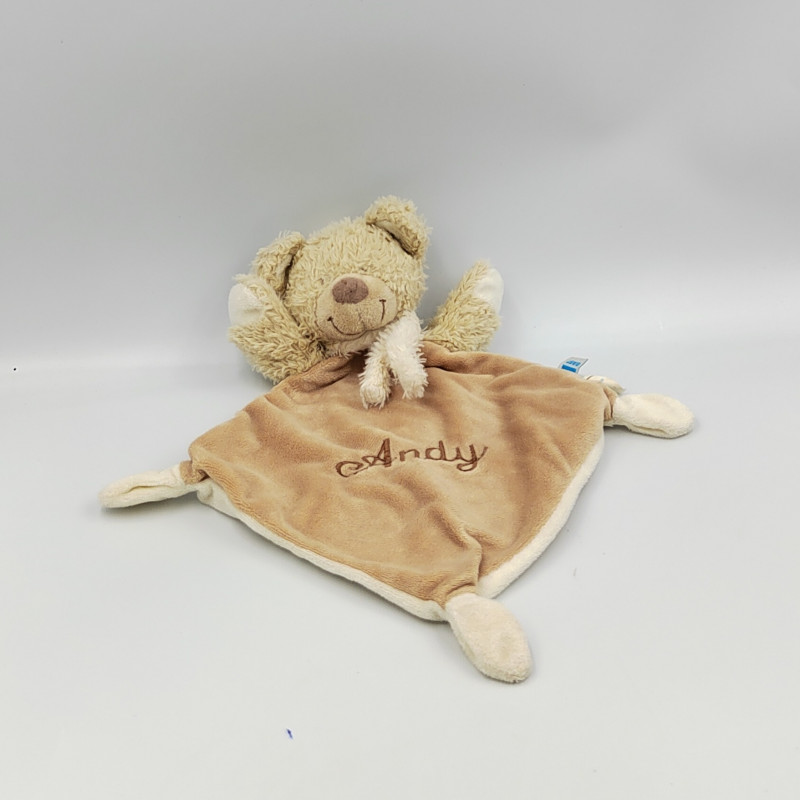 Doudou plat ours beige blanc TEX BABY brodé