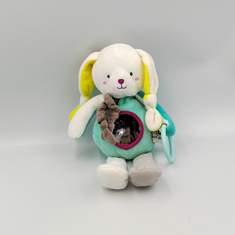 Doudou lapin bleu vert jaune blanc U TOUT PETITS