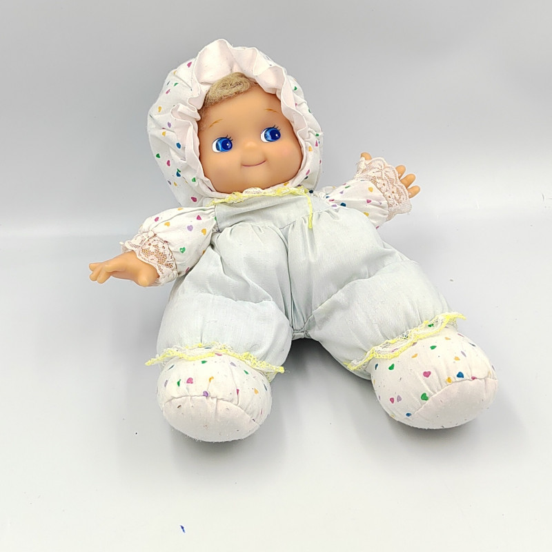 Ancienne poupée chiffon tissu bleu blanc rose coeurs NICOTOY
