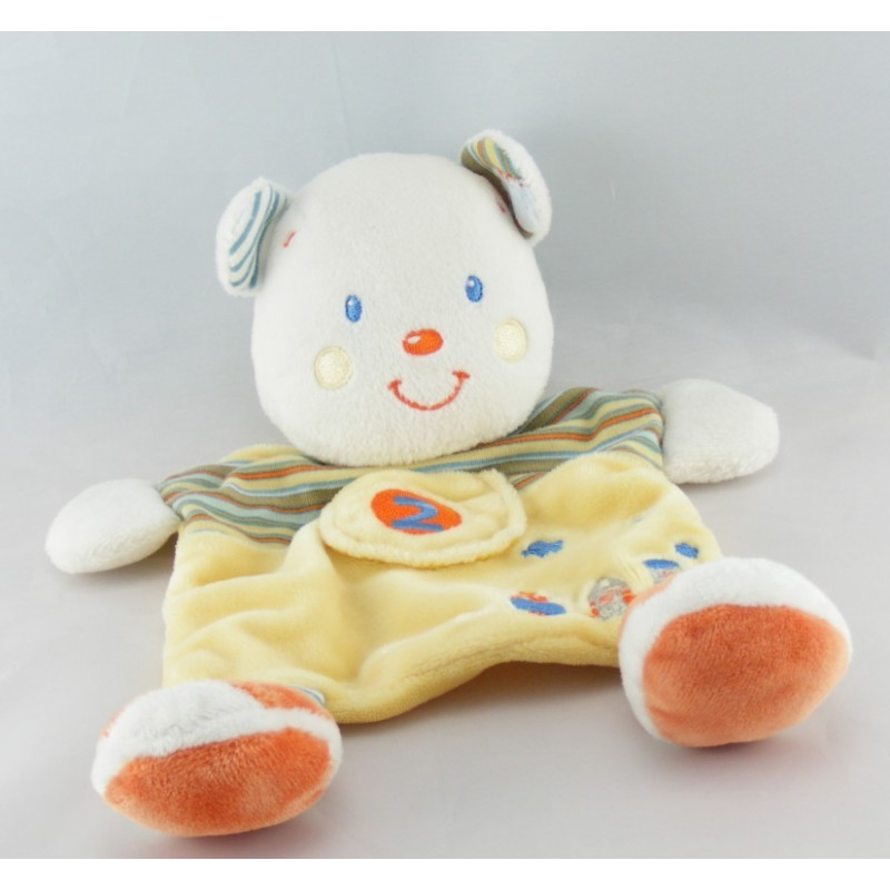 Doudou plat ours blanc jaune orange 2 train brodé KIABI