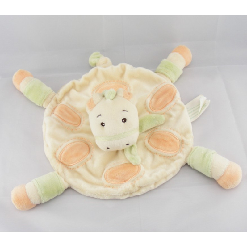 Doudou plat rond ecru orange vert cheval ane KIMBALOO