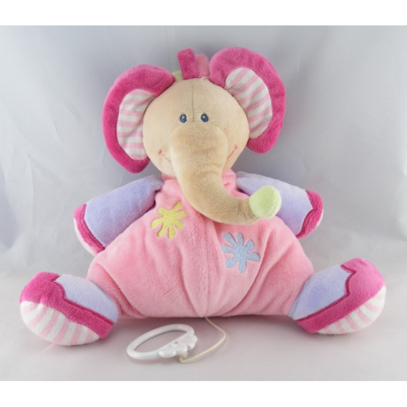 Doudou semi plat éléphant rose mauve fleurs NATTOU