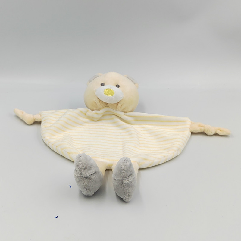 Doudou plat ours jaune blanc gris rayé TOM & KIDDY TOMKIDS