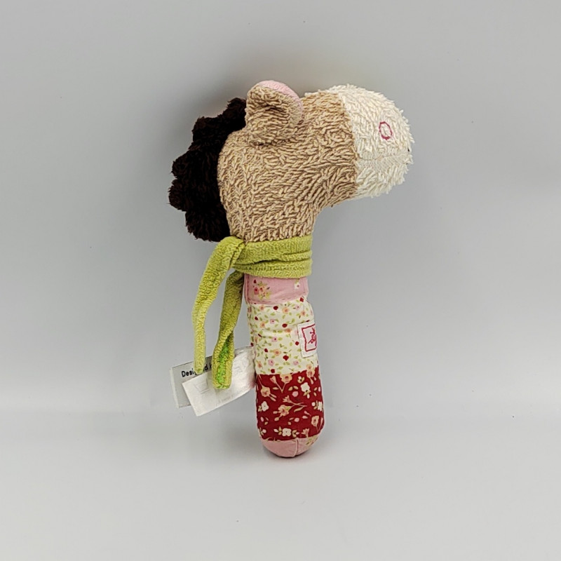 Doudou hochet baton cheval beige marron rouge fleurs SIGIKID