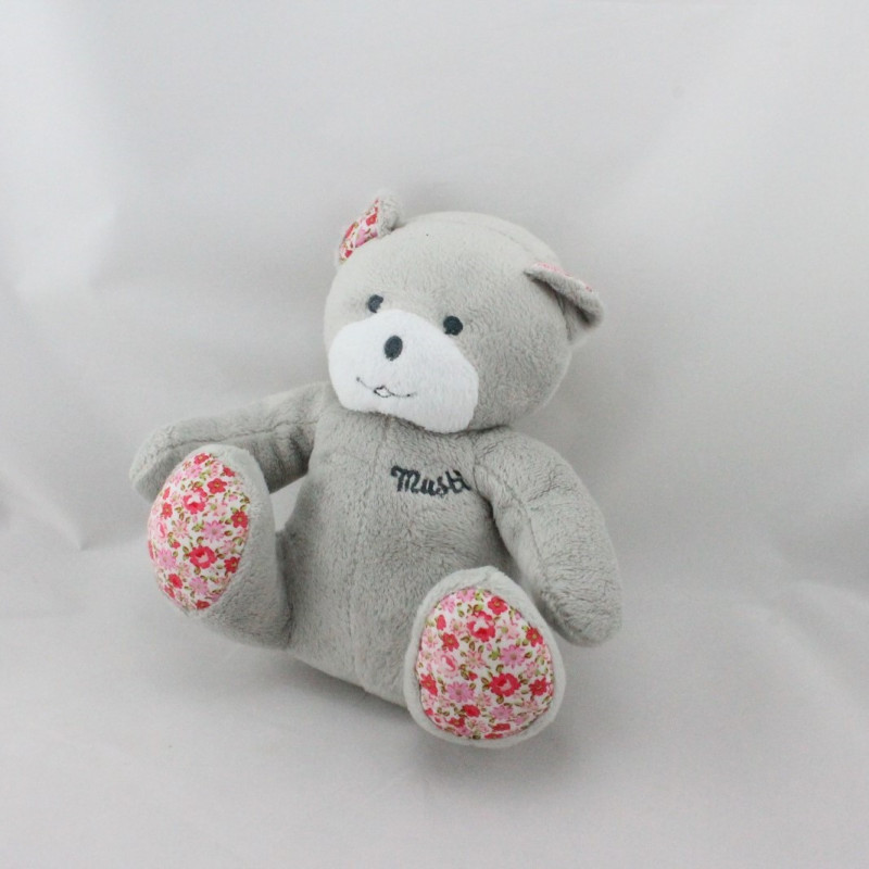 Doudou ours gris rose fleurs Musti Mustela