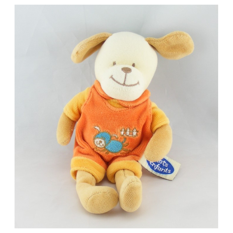 Doudou chien salopette orange MOTS D'ENFANTS