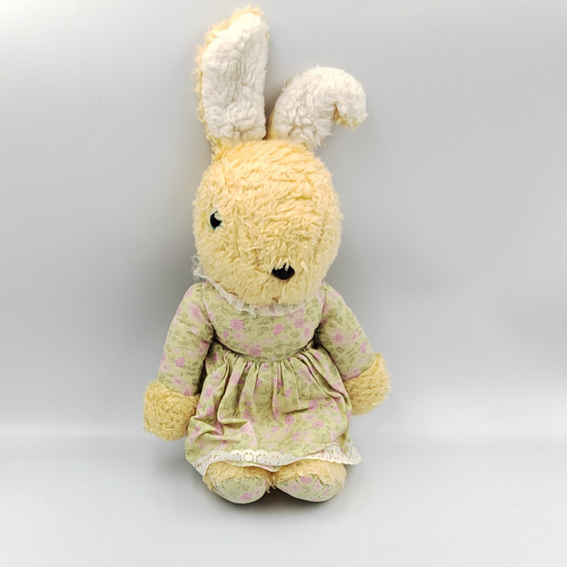 Ancienne peluche lapin beige robe vert rose fleurs AJENA