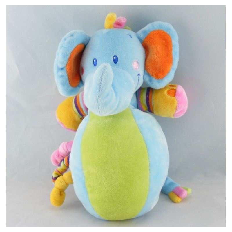 Doudou plat éléphant bleu vert noeuds NICOTOY