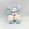 Doudou Ours bleu salopette blanc rose motifs NOUNOURS