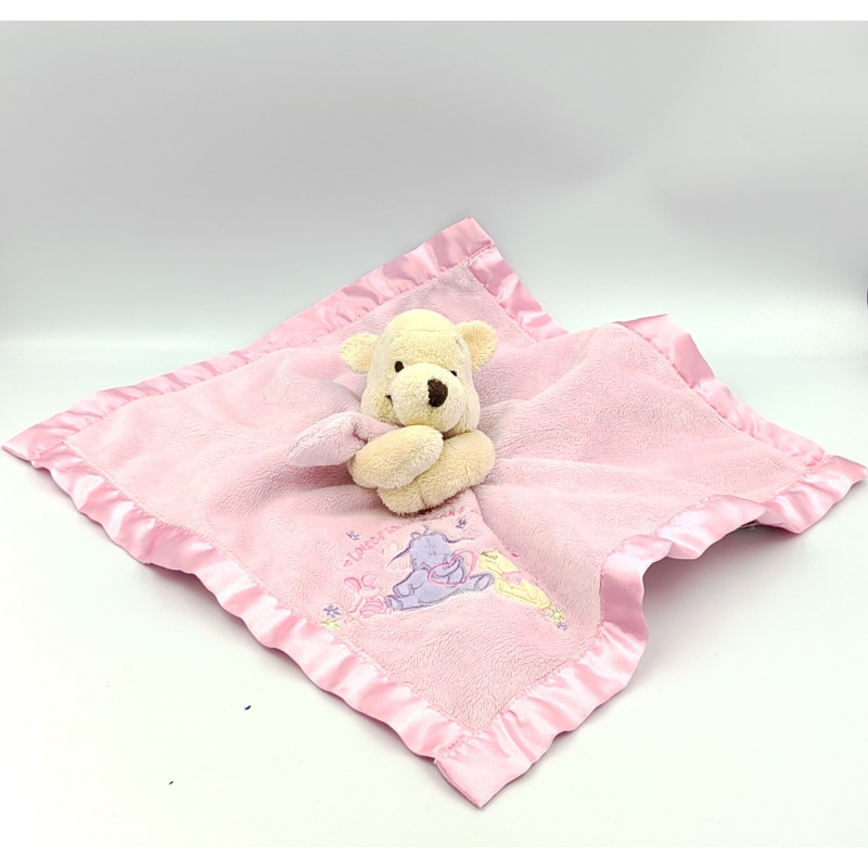 Doudou plat couverture rose satin Winnie l'ourson lots of love DISNEY