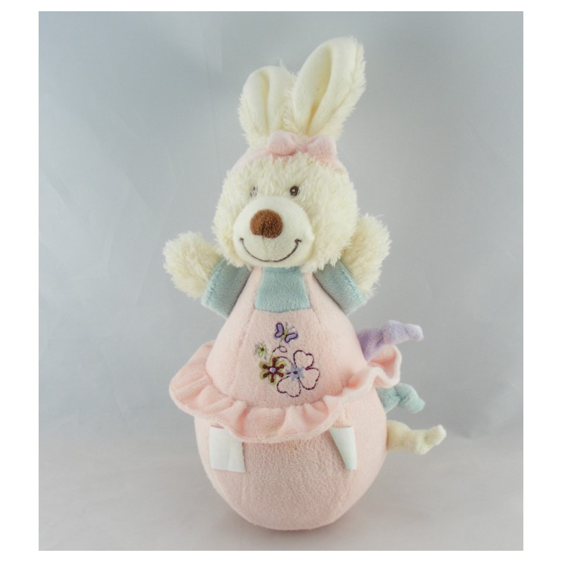 Doudou semi plat lapin rose bleu attache tétine TEX BABY