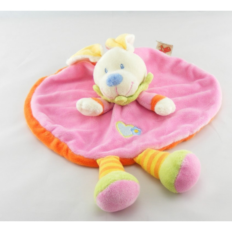 Doudou plat rond  lapin rose bleu fleurs oiseau NICOTOY