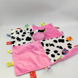 Doudou plat vache rose noir blanche étiquettes