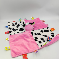 Doudou plat vache rose noir blanche étiquettes