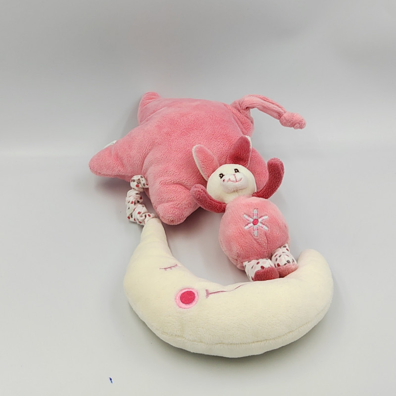 Doudou musical étoile lapin rose blanc pois sur lune GIPSY