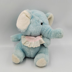 Ancienne peluche éléphant bleu blanc bavoir rose blanc pois