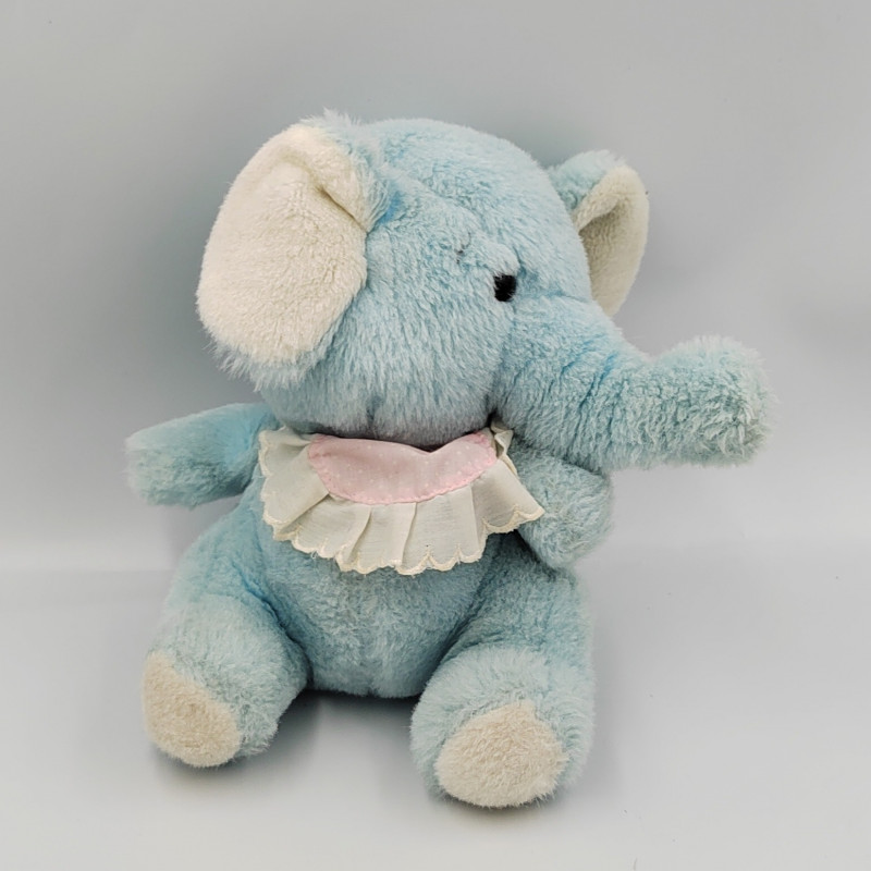 Ancienne peluche éléphant bleu blanc bavoir rose blanc pois
