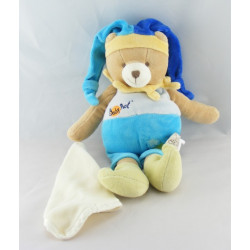 Doudou ours arlequin bleu avec mouchoir BABY NAT