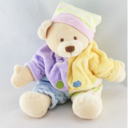 Doudou ours boule mauve vert jaune bleu avec bonnet CMP