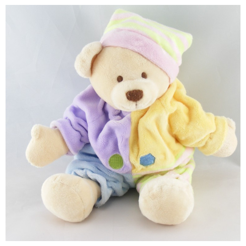 Doudou ours boule mauve vert jaune bleu avec bonnet CMP