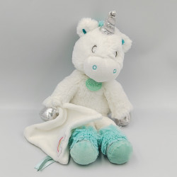 Doudou licorne blanche bleu argenté avec mouchoir BABY NAT