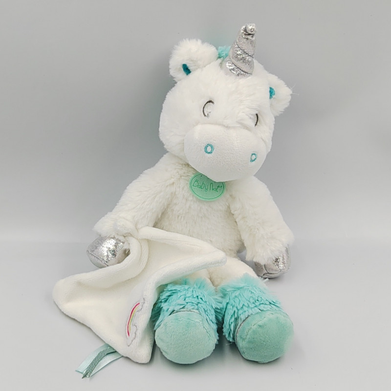 Doudou licorne blanche bleu argenté avec mouchoir BABY NAT