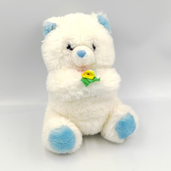 Doudou peluche ours blanc bleu avec bouquet de roses