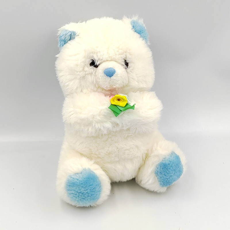 Doudou peluche ours blanc bleu avec bouquet de roses