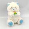 Doudou peluche ours blanc bleu avec bouquet de roses