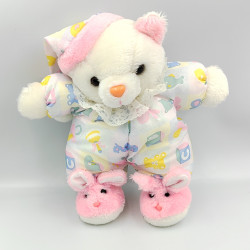 Ancienne peluche ours blanc rose bleu jouets chaussons pantoufles lapin