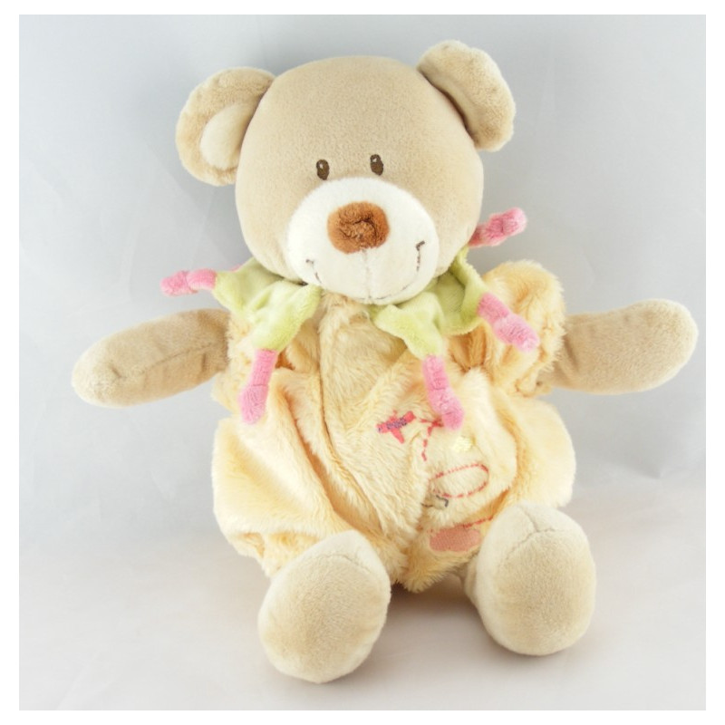 Doudou ours habit combinaison jaune col vert TEX 