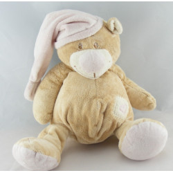 Doudou plat ours beige rose coeur DOUKIDOU