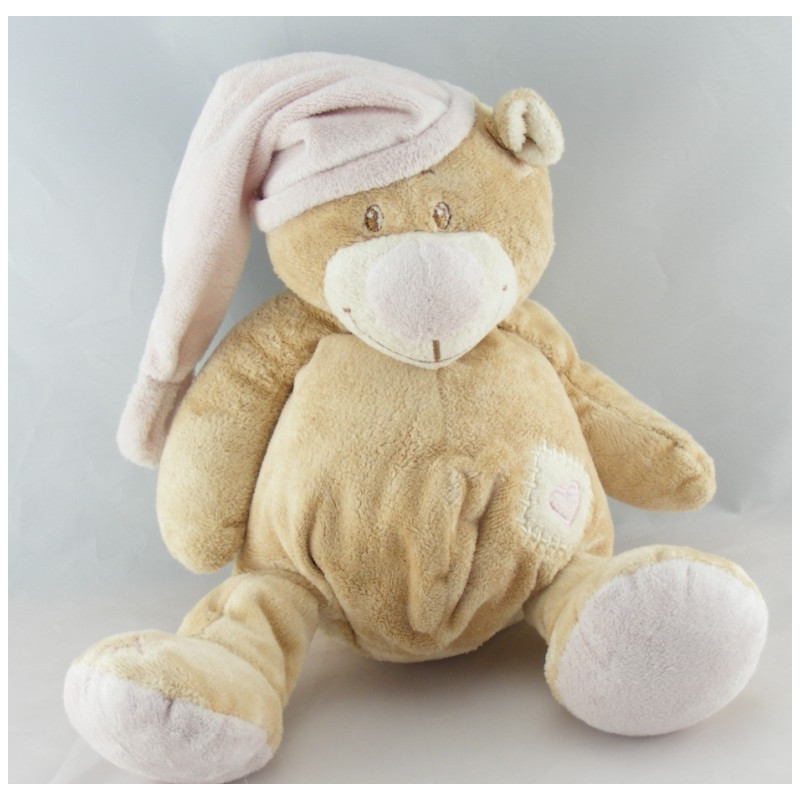 Doudou plat ours beige rose coeur DOUKIDOU