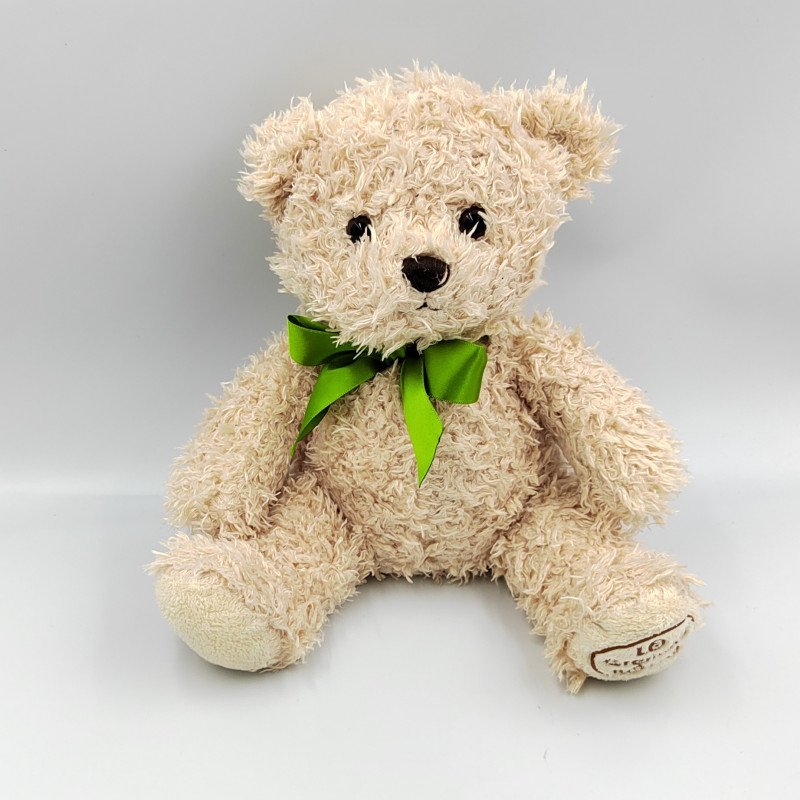 Doudou peluche ours beige noeud vert LA GRANDE RECRE