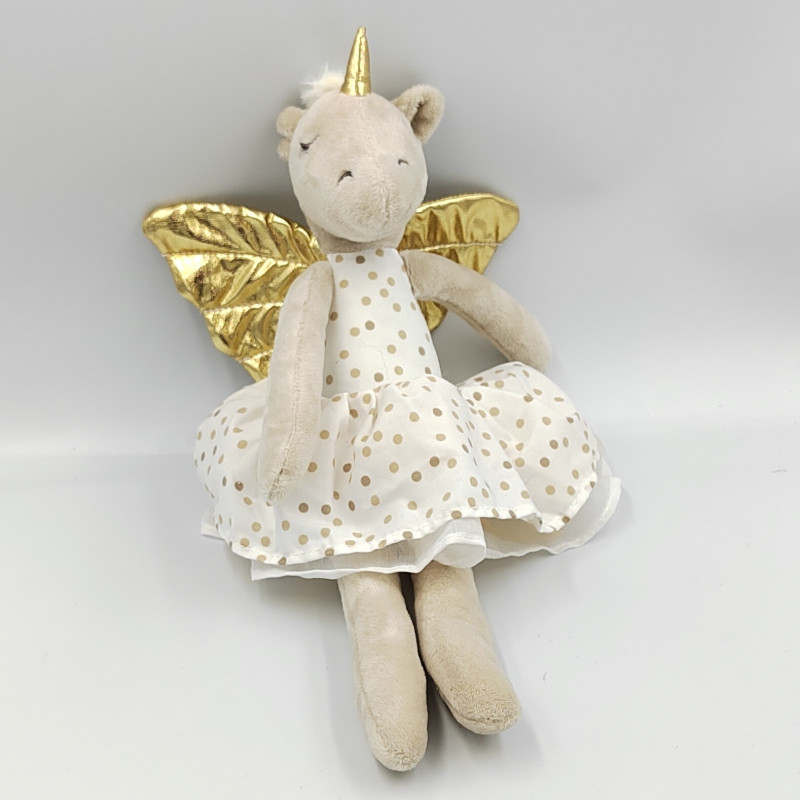 Doudou peluche licorne blanche doré pois ATMOSPHERA KIDS