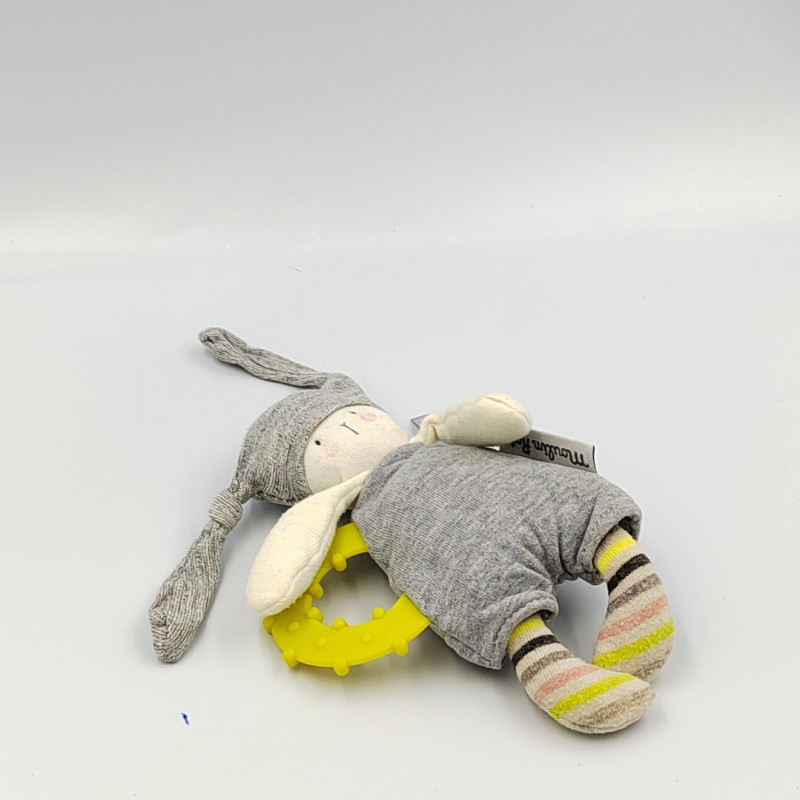 Mini doudou hochet lapin gris jaune Les Petits Dodos MOULIN ROTY lot de 2
